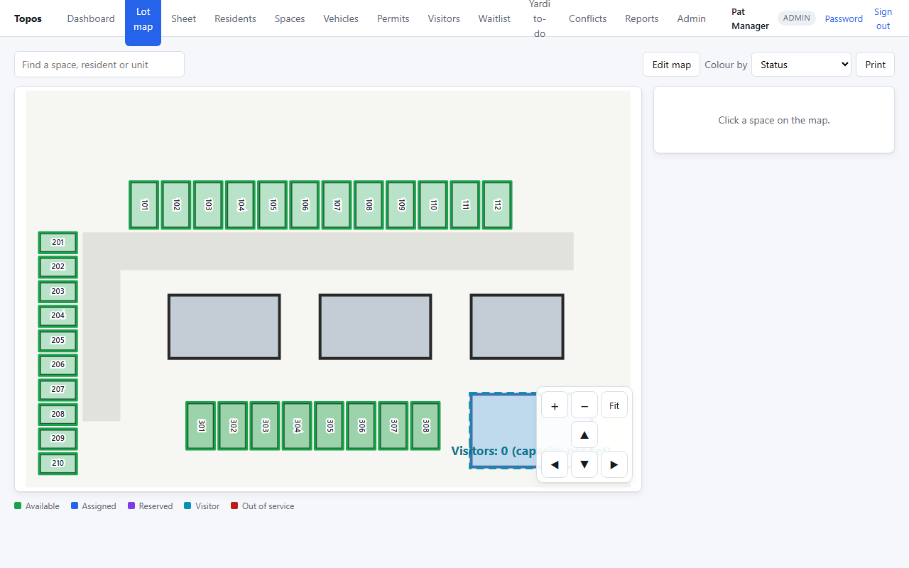 A sample property's parking map in Topos, with stalls coloured by status