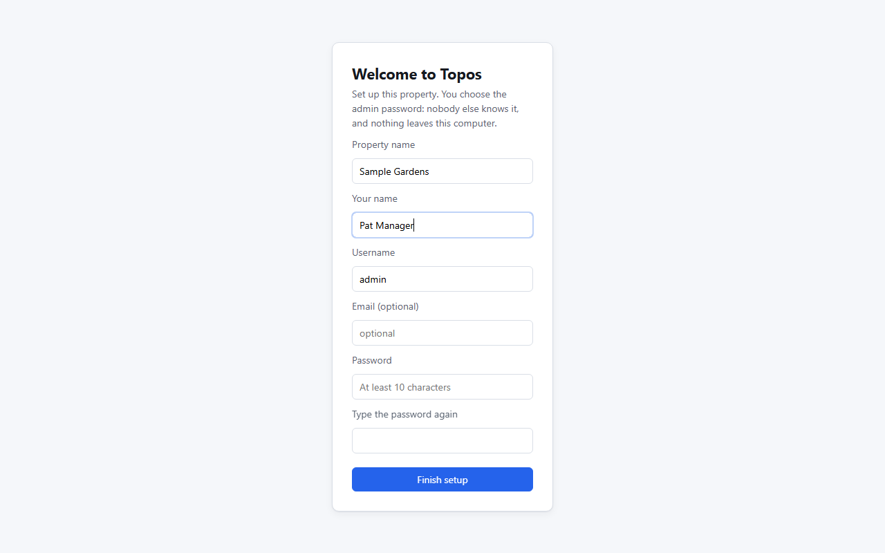 The Topos first-run screen asking for a property name and an administrator password